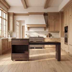 English Elm 78.8'' Fluted Rolling Kitchen Island with Extendable Dining Surface Built-in Power Mdf Walnut B2764S00002