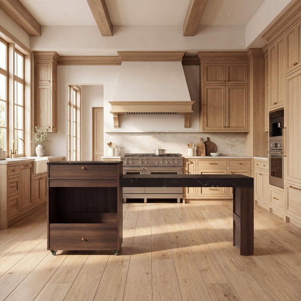 English Elm 78.8'' Fluted Rolling Kitchen Island with Extendable Dining Surface Built-in Power Mdf Walnut B2764S00002