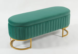 English Elm Oval Velvet Storage Bench with Metal Legs — Luxurious Upholstered Ottoman with Lift-Top Storage, 300lb Capacity, Modern Decorative Seating Green T3903P372933