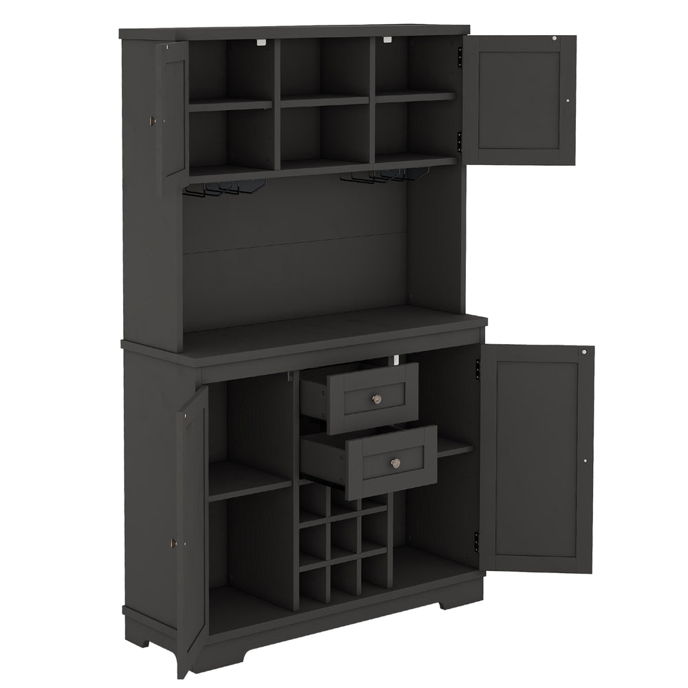 English Elm Coffee Bar Cabinet Dark Blue Farmhouse Buffet with Wine Cubbies, Stemware Rack, Drawers, Shelves & Prep Space Black W1580S00088