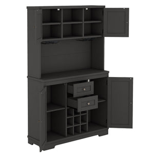 English Elm Coffee Bar Cabinet Dark Blue Farmhouse Buffet with Wine Cubbies, Stemware Rack, Drawers, Shelves & Prep Space Black W1580S00088