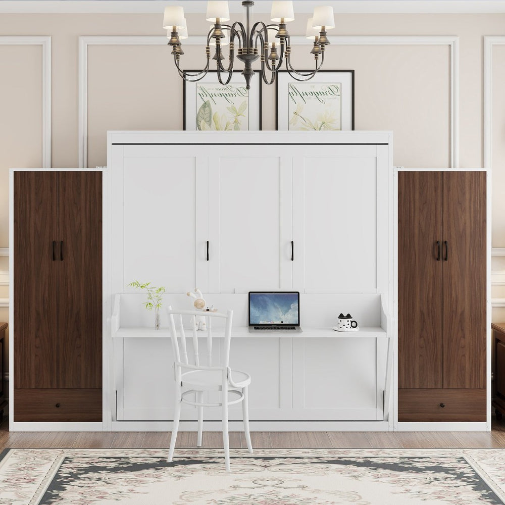English Elm Queen Murphy Wall Bed with Fold Down Desk Dual Wardrobes and Drawers in White LP000925AAK
