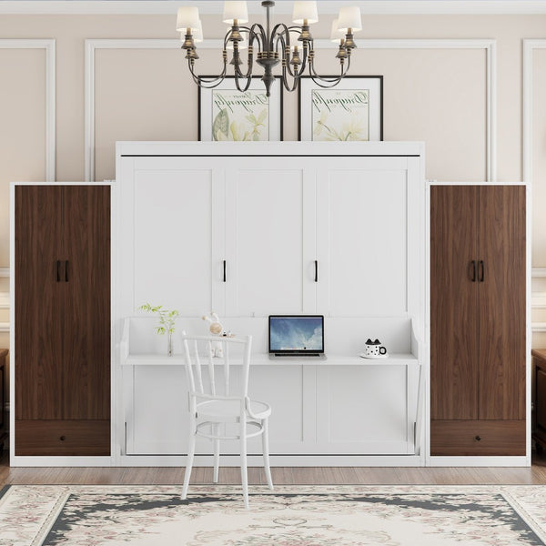 English Elm Queen Murphy Wall Bed with Fold Down Desk Dual Wardrobes and Drawers in White LP000925AAK