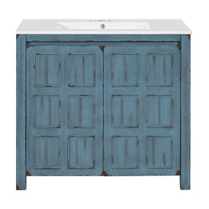 English Elm 36" Bathroom Vanity Organizer with Ceramic Sink, Solid Wood Distressed Finish, Hand-Painted Charm and Ample Storage Retro Blue N729P255666C