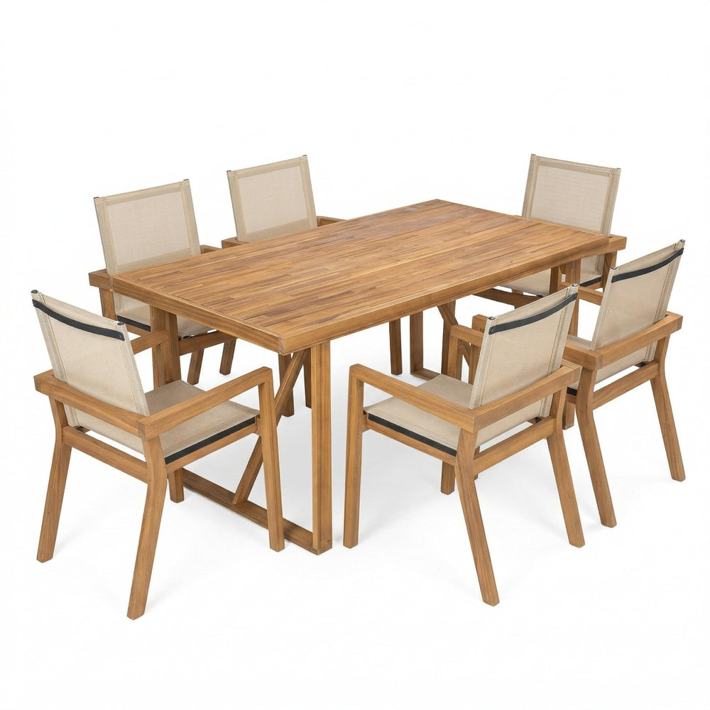 English Elm 7 Piece Solid Acacia Wood Outdoor Dining Set with Mesh Chairs Teak Finish Patio N762S000004AAA