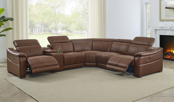 English Elm Leather Match Power Reclining Sectional with Storage Console and Adjustable Headrests Dark Brown B2748S00037
