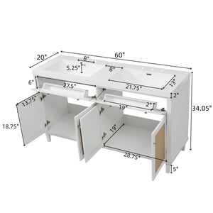 English Elm Christopher Knight Home® - 60 Inch Bathroom Vanity with Double Sinks SMC, Rattan Doors, Soft-Close Drawers, Stable Pine Legs White N817P296140W