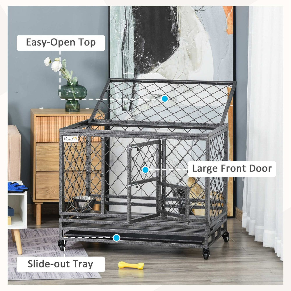 English Elm Pawhut Steel Dog Kennel with Lockable Wheels Slide Out Tray and Dual Entry Doors W2225P217160