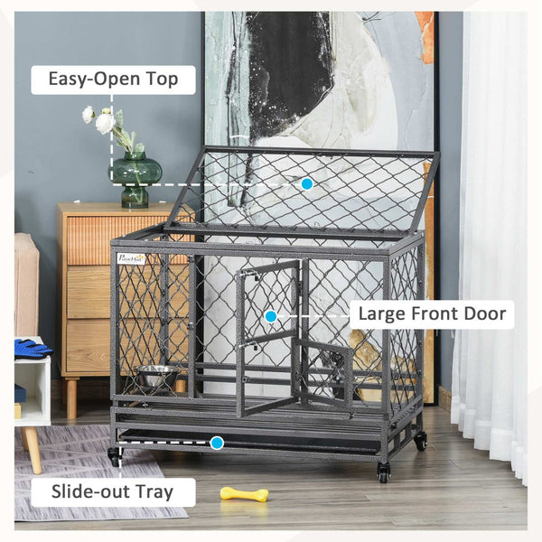 English Elm Pawhut Steel Dog Kennel with Lockable Wheels Slide Out Tray and Dual Entry Doors W2225P217160