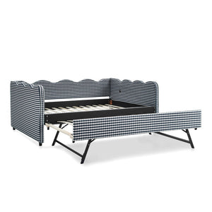 English Elm Full Size Gingham Linen Daybed with Wave Backrest Trundle and Usb Charging Port Navy W1413S00140