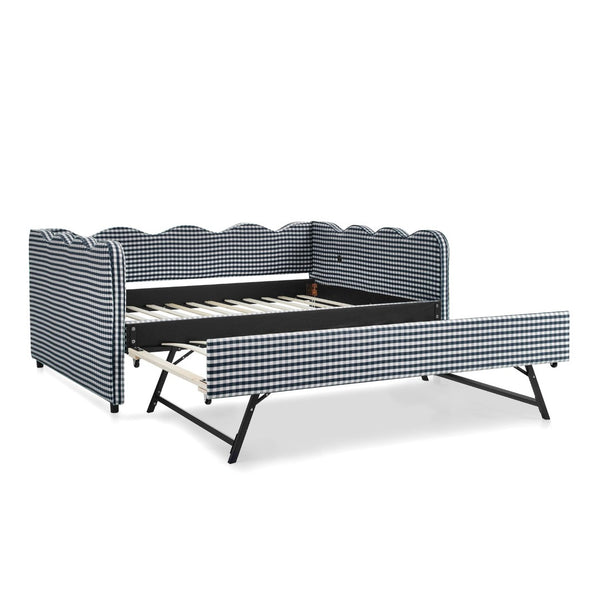 English Elm Full Size Gingham Linen Daybed with Wave Backrest Trundle and Usb Charging Port Navy W1413S00140