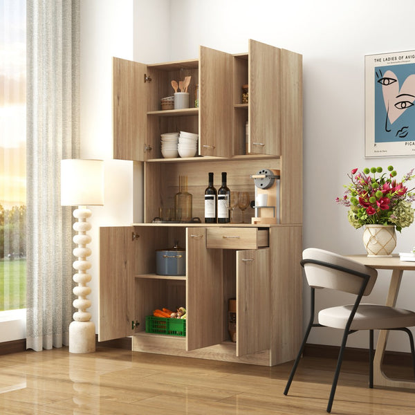 English Elm 70.87" Wardrobe Kitchen Cabinet with 6 Doors, 1 Drawer & Open Shelf — Durable Melamine MDF Storage Solution Oak W331S00057