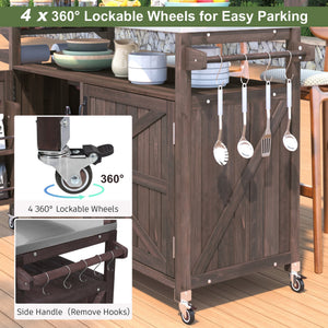 English Elm K&K 53.3" Outdoor Kitchen Island with 1.2" Stainless Top, Spacious Storage, Raised Shelf, Wheels Brown N707P250628Z