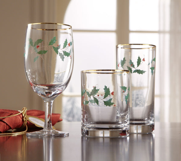 Lenox Holiday Frosted Holly Tumbler Set with 24 Karat Gold Accents for Festive Entertaining 849606