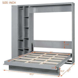 English Elm Queen Murphy Wall Bed with Led Lighting Open Shelves and Wardrobe Cabinet Storage LP000899AAE