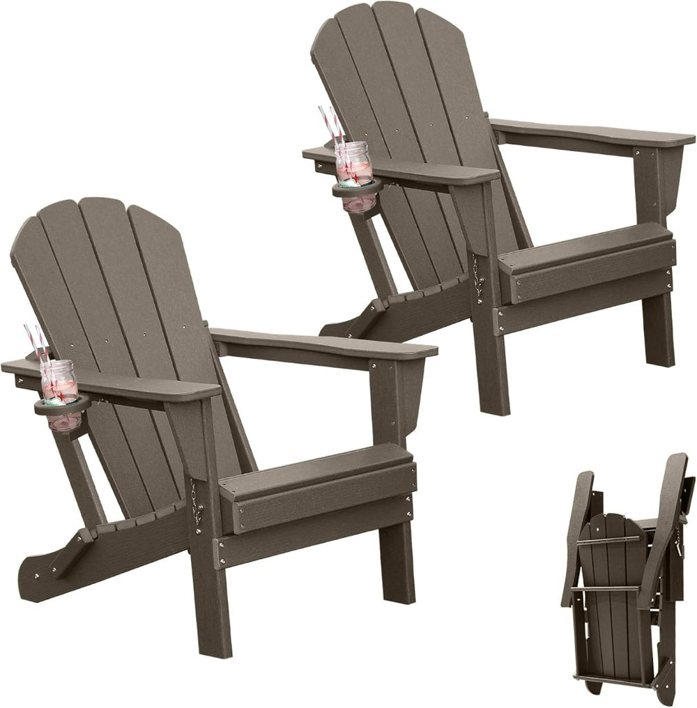 English Elm Adirondack Hdpe Folding Chair Set Outdoor Patio Fire Pit Seating with Cup Holder Brown W1859P453303