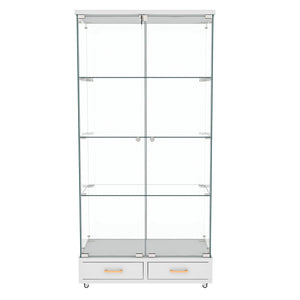 English Elm Modern Glass Display Cabinet With Led Lights & Drawers - Stylish 4-Shelf Storage For Any Room W241S00058