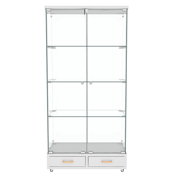 English Elm Modern Glass Display Cabinet With Led Lights & Drawers - Stylish 4-Shelf Storage For Any Room W241S00058