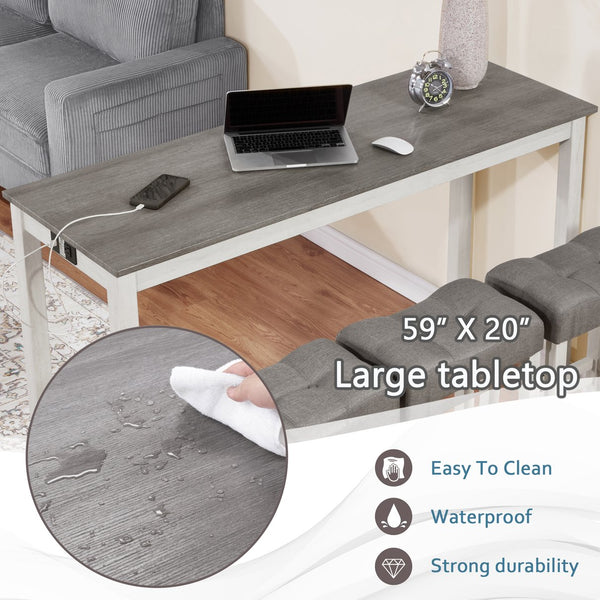 English Elm 4 Rustic Bar Table Set with Built-In Power, USB & Type-C, Water-Resistant Wood Grain Top, 59" L x 35.5" H Grey+White W1998P324488