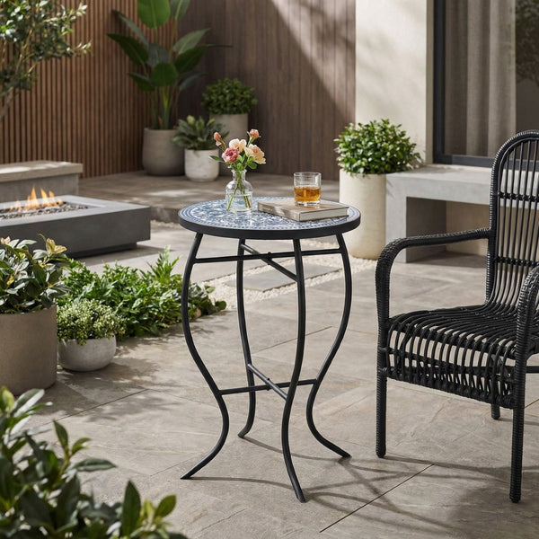 English Elm Outdoor Mosaic Ceramic Tile Round Side Table with Curved Wrought Iron Patio Accent Black,Blue,White N773P365597B