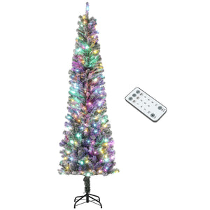 English Elm Homcom 7.5 Ft Pre-Lit Pencil Christmas Tree With 220 Dual-Color Leds & Snow-Flocked Branches For Holidays W2225P249683