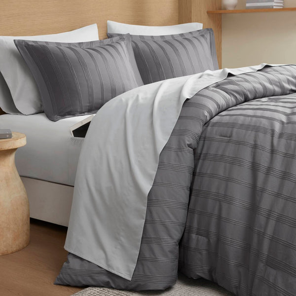 English Elm 7-piece Queen Comforter Set Woven Stripe Polyester Bedding for Neutral Minimalist Rooms Charcoal B035P463202