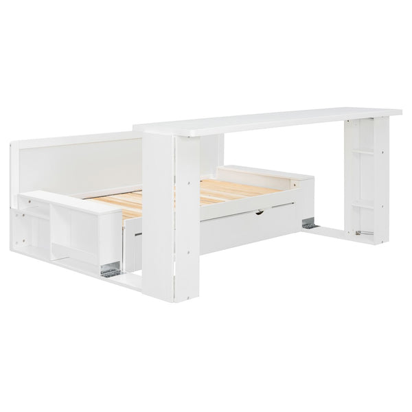 English Elm Full Size Daybed with Hydraulic Desk Armrests Storage Drawer and Sofa Seating White LT000271AAK