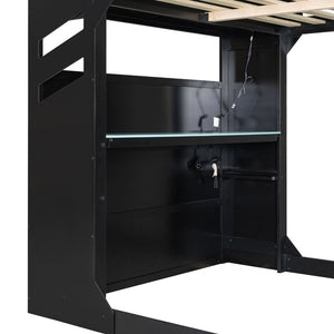 English Elm Full Size Loft Bed with Rgb Lighting Desk Drawers Hanging Rod Teen Bedroom Blue LT000288AAC-1