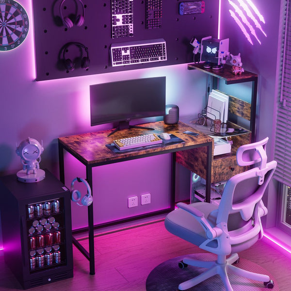 English Elm Computer Gaming Desk with RGB LED Lights, Reversible 4-Tier Shelves, Drawer & Headphone Hook, Space-Saving Workstation Brown W578P191951