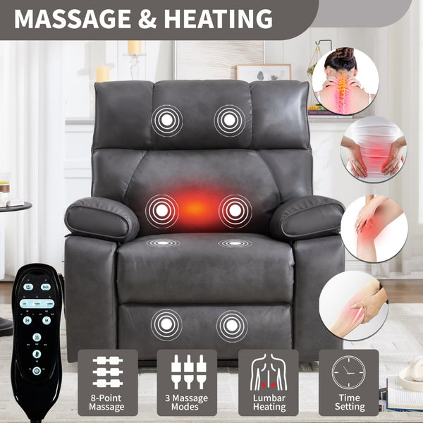 English Elm Dark Grey Leatheraire Power Lift Recliner Dual Motor Massage Heat Heavy Duty W1803P340317
