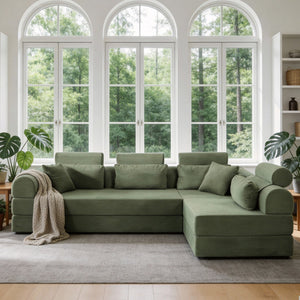 English Elm L Shaped Corduroy Sectional Sofa Converts to Sleeper Bed Space Saving Modular Couch Grayish Green W5532S00006