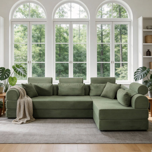 English Elm L Shaped Corduroy Sectional Sofa Converts to Sleeper Bed Space Saving Modular Couch Grayish Green W5532S00006