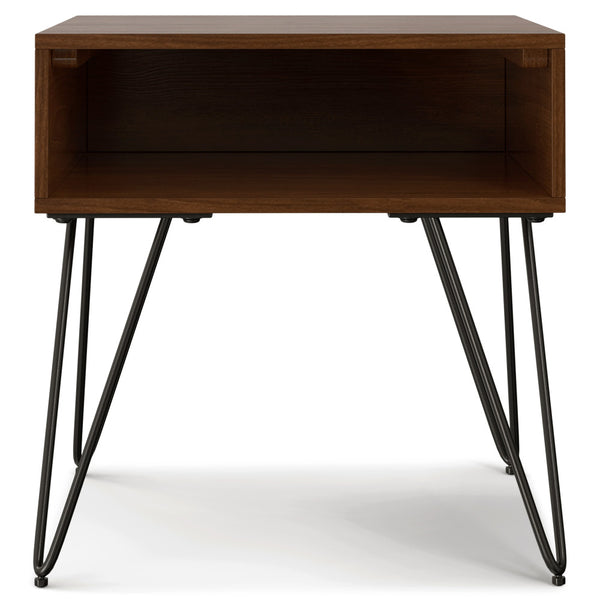 English Elm Hunter Handcrafted Solid Wood Veneer End Table with Open Storage and Industrial Hairpin Legs Walnut B136P203438