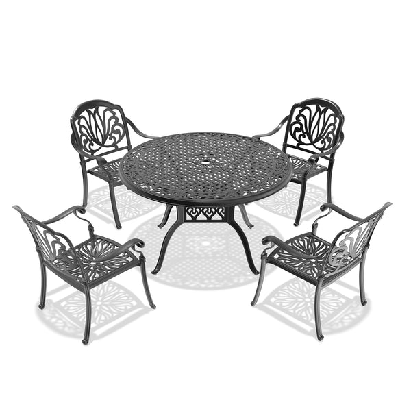English Elm 5-Piece Durable Cast Aluminum Patio Furniture Set With Brown Cushions For Cozy Outdoor Dining W1710S00133