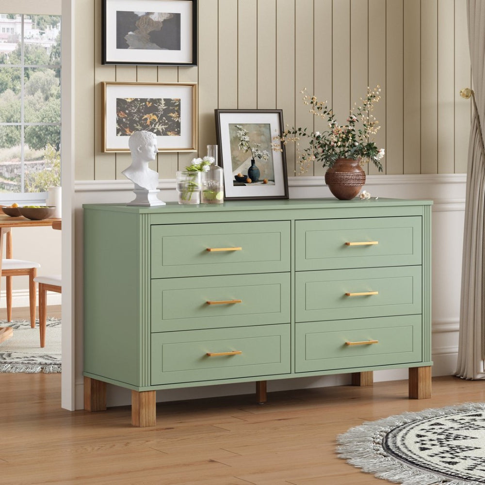 English Elm 6-drawer Double Dresser Solid Wood Legs Mid-century Modern Bedroom Storage Cabinet W1445S00010