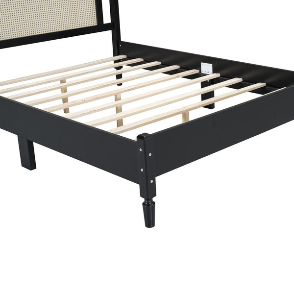 English Elm Queen Arched Rattan Headboard Platform Bed Matte Pine Frame No Box Spring Needed Black N733P180013B
