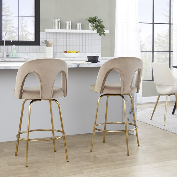 English Elm Fixed-height Swivel Counterstools with White Upholstery Gold Footrest Set of 2 Taupe B202S01790