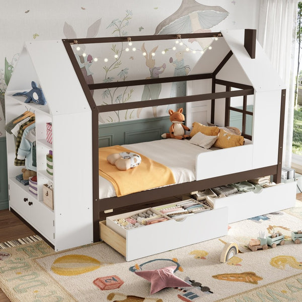 English Elm Twin House Frame Bed Pine Wood with Storage Drawers and Shelves for Kids Bedroom W1580S00573