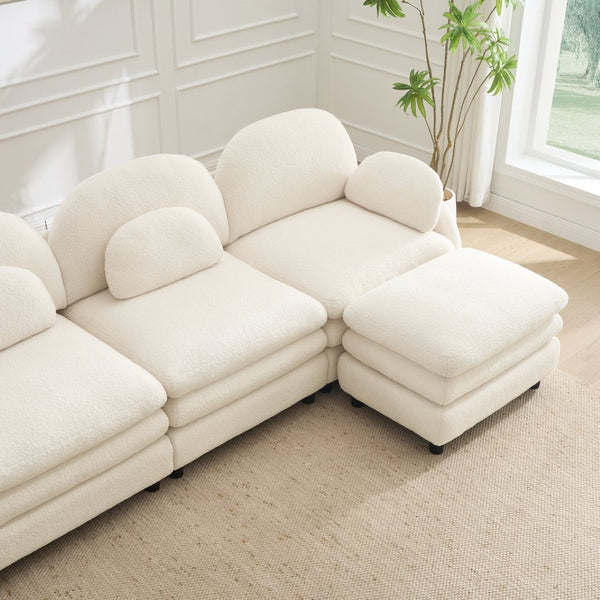 English Elm Teddy Fleece Modular Cloud Sofa Sculptural Curved Three Seat Living Room Couch Beige White W5656S00080