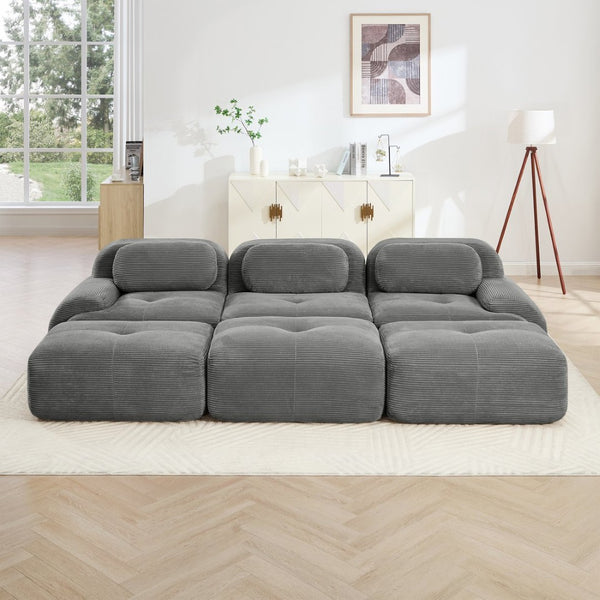 English Elm Three-seat Modular Corduroy Sectional Sofa with Ottomans for Living and Media Rooms Grey W714S01269