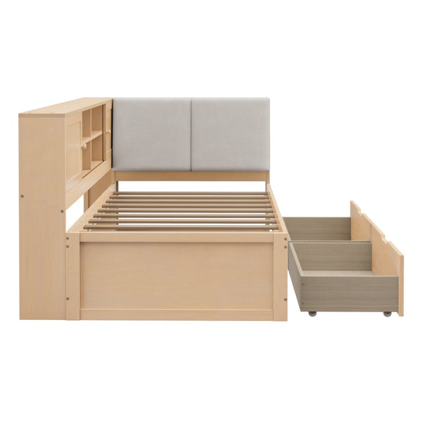English Elm Wooden Twin L-shaped Corner Bed Pine Frame Bookcase Storage Usb Charging Ports BS701P337660N