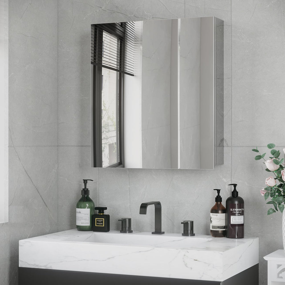 English Elm kleankin Stainless Steel Bathroom Mirror Cabinet with 3 Shelves, Space-Saving Wall-Mounted Storage Silver W2225P173926