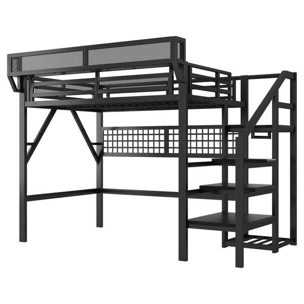 English Elm Full Metal Loft Bed with Stairs Wardrobe Rgb Lighting and Storage for Teens W2580S00066