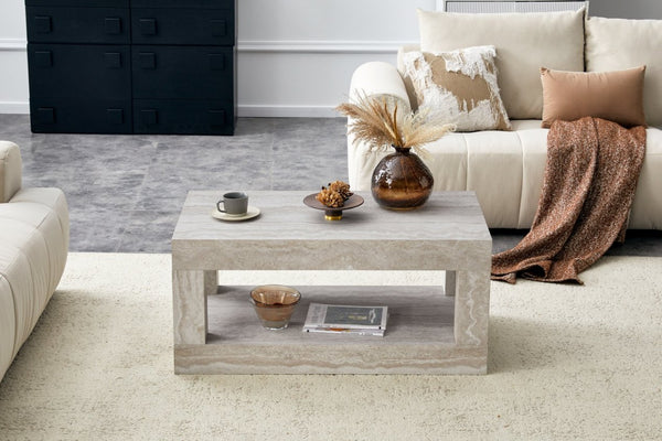 English Elm Modern Two Tier Rectangular Coffee Table with Open Shelf Mdf Build for Living Rooms W3875P389660