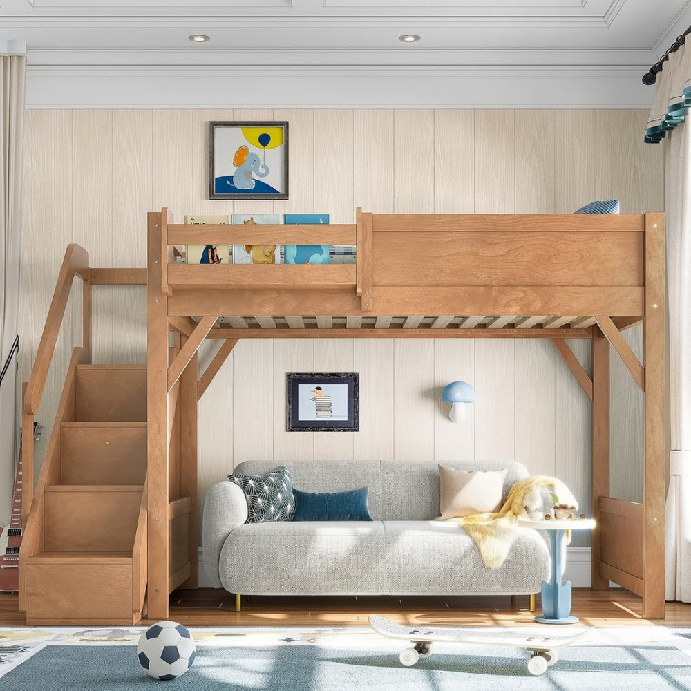 English Elm Twin Low Loft Bed Solid Pine Frame Kids Study Desk Blackboard Storage White Antique Natural W1580S00553