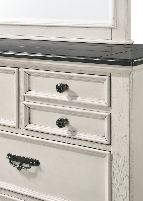 English Elm Beautiful Farmhouse Chest of Drawers with Vintage Molding and Black Nickel Hardware for Elegant Storage Beige 62.75 L x 20.2 W x 35.2 H B011P228559