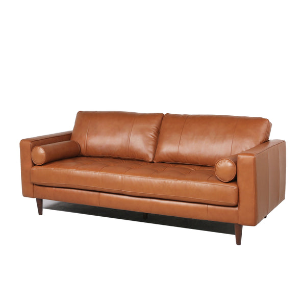 English Elm Mid-Century Tufted Leather Sofa with Brushed Rose Gold Legs, High-Resilience Foam & Durable Coil Support Cognac B193P200155