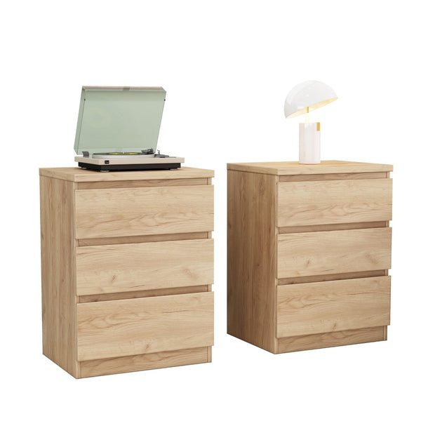English Elm 19.7-inch Matte Finish 3 Drawer Nightstand Set of 2 Handle Free Modern Bedroom Storage Natural W3151S00077