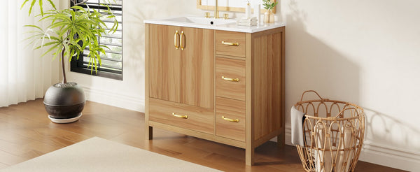 English Elm 36" Wood Bathroom Vanity Cabinet with Solid Frame, Ceramic Sink, Soft-Close Doors & Organized Drawers N729P321351N