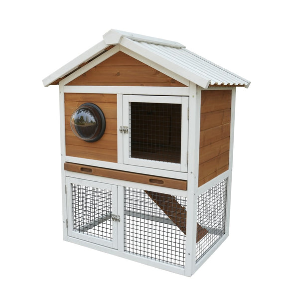 English Elm Three Story Solid Wood Outdoor Cat Villa with Balcony Weatherproof Feral Shelter W1431P284965